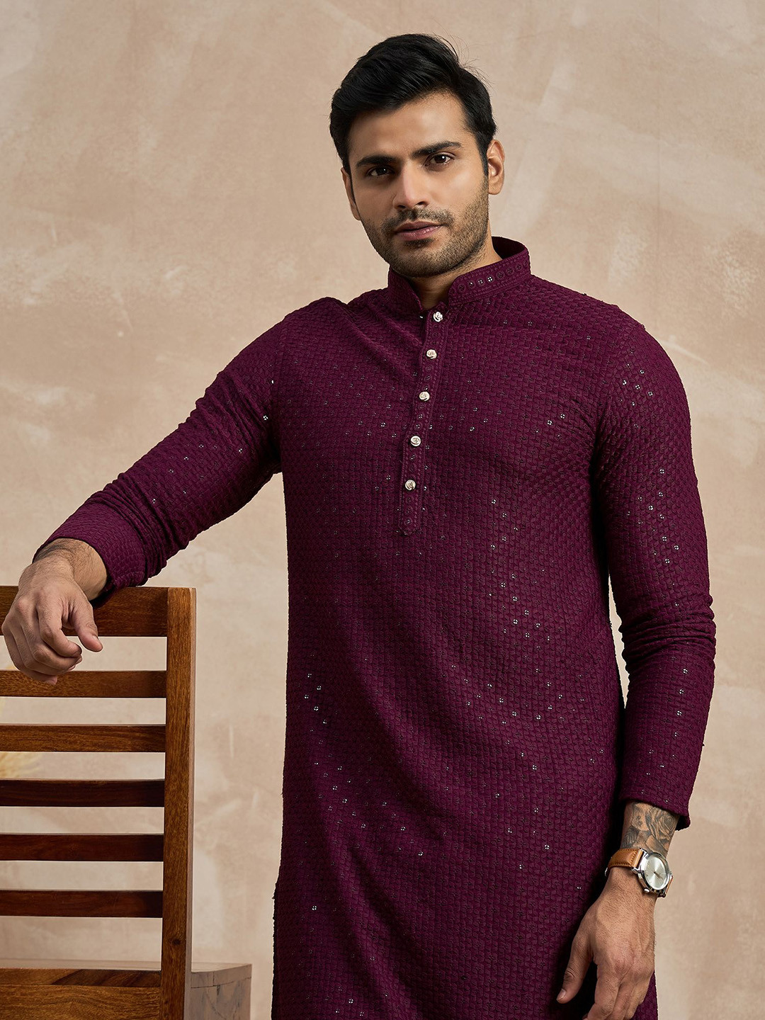 Anouk Burgundy Geometric Embroidered Mandarin Collar Sequins Straight Kurta