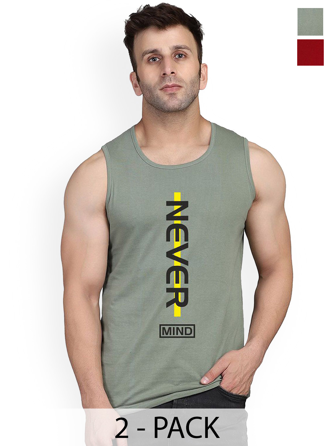 SLOWLORIS Pack Of 2 Men Printed Gym Vests-SL26 COMBO (LOUD MAROON) (NVR LGTGREEN)