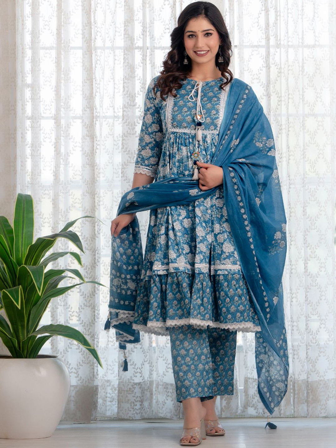 IndigoFerry Floral Printed A-Line Pure Cotton Mirror Work Kurta with Trousers & Dupatta