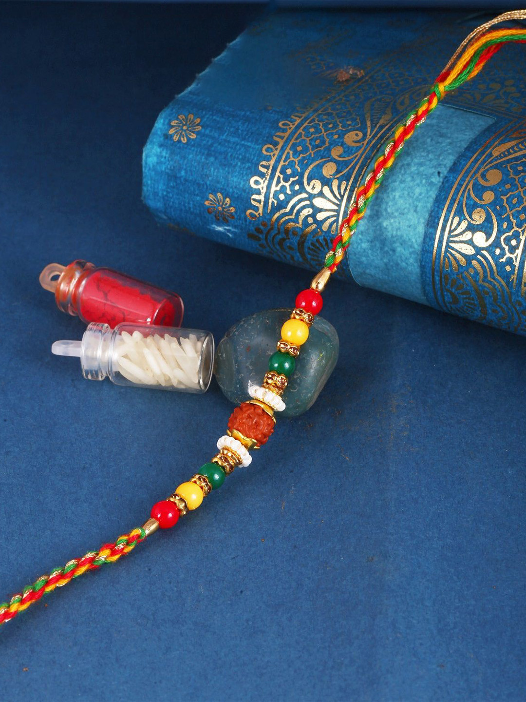 Vighnaharta Kids Set of 3 Gold and Rhodium Plated Fancy Pearls Rudraksha Thread Rakhis