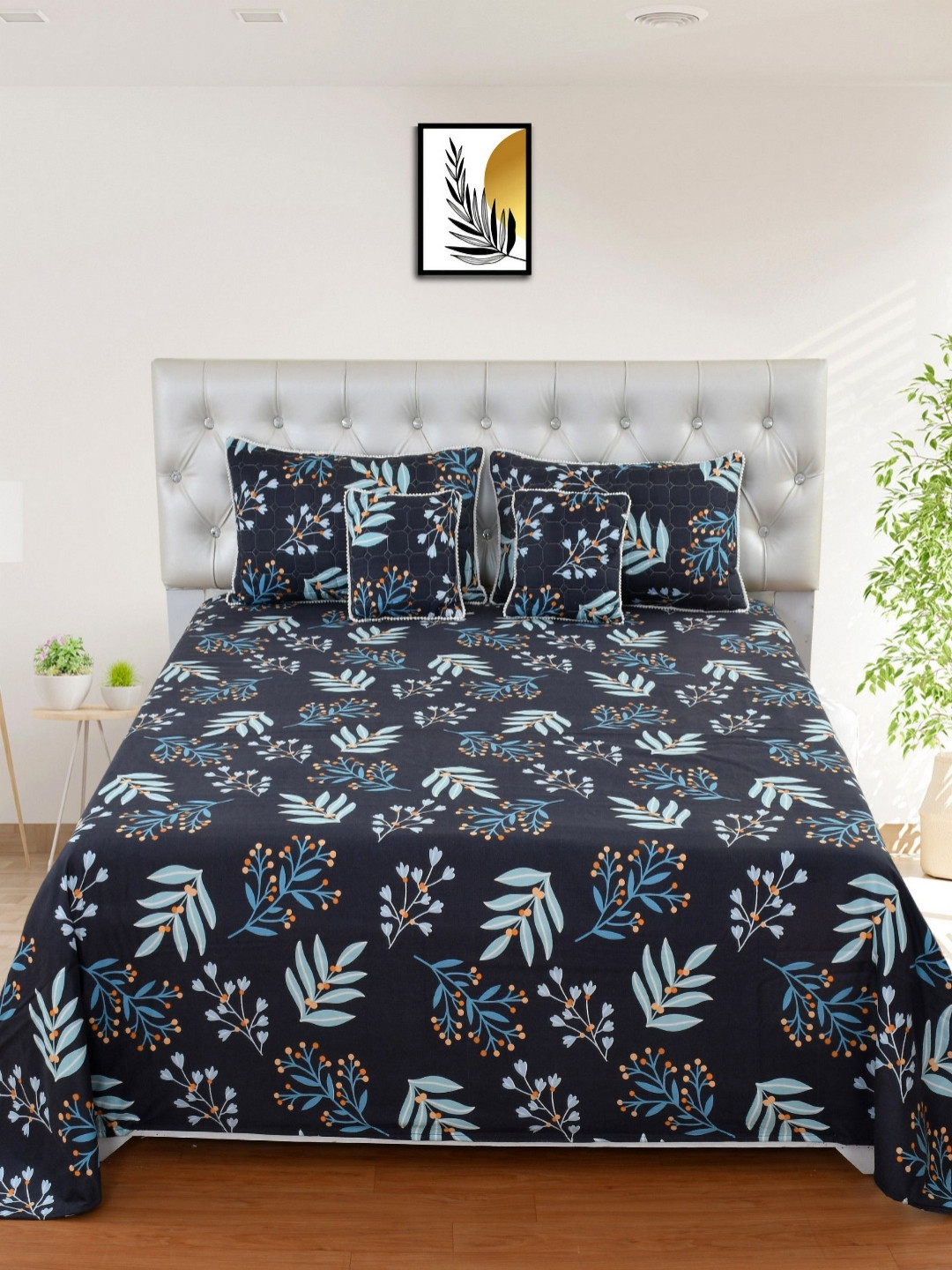MORADO Blue Leaf Cotton King Bedsheet with 2 Pillow Covers-90 x 100 inches