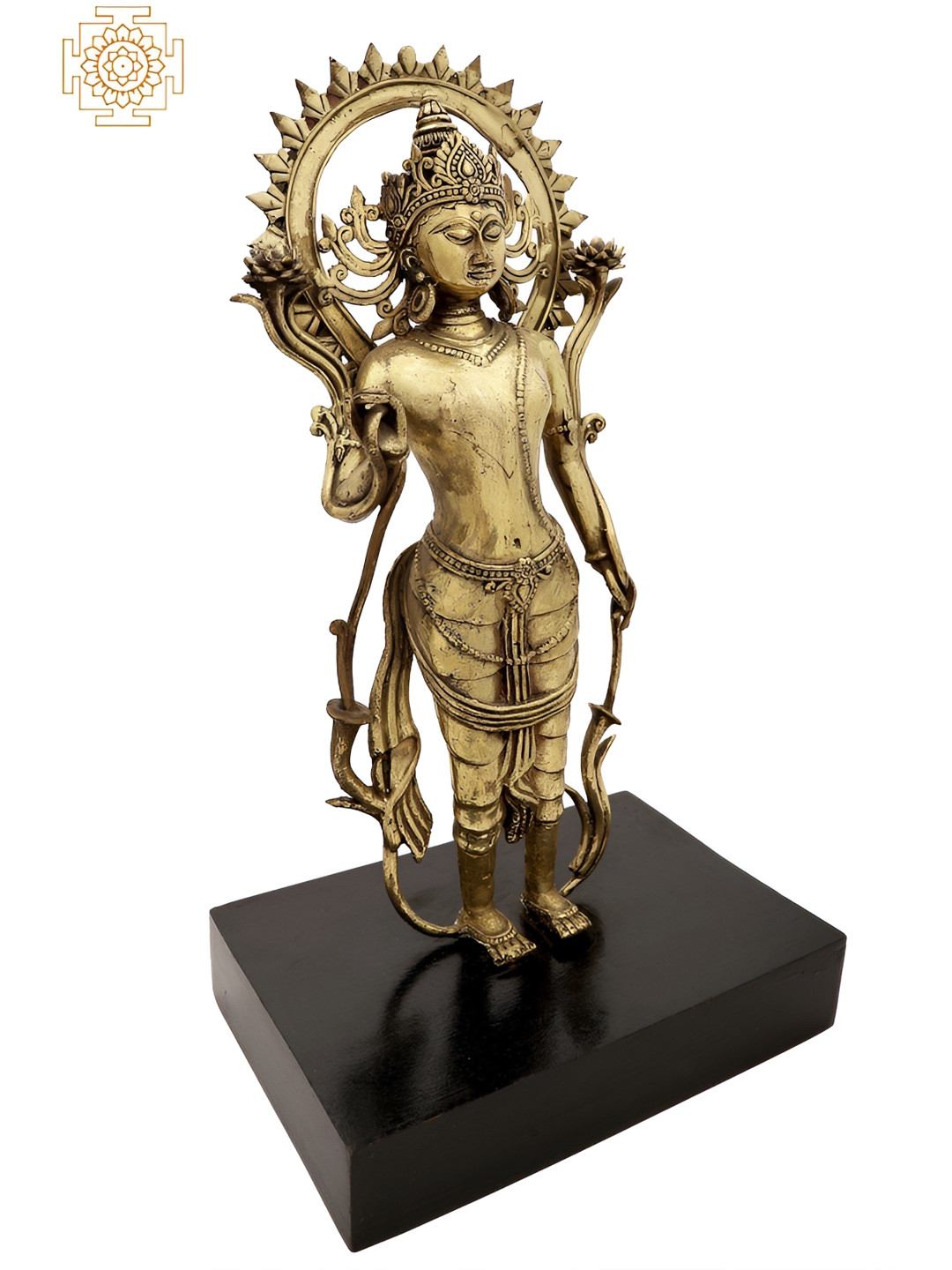 Exotic India Standing Contemplative Padmapani Avalokiteshvara Gold Brass Metallic Prayer Room Hand Made Large Showpiece - 15.5 Inches