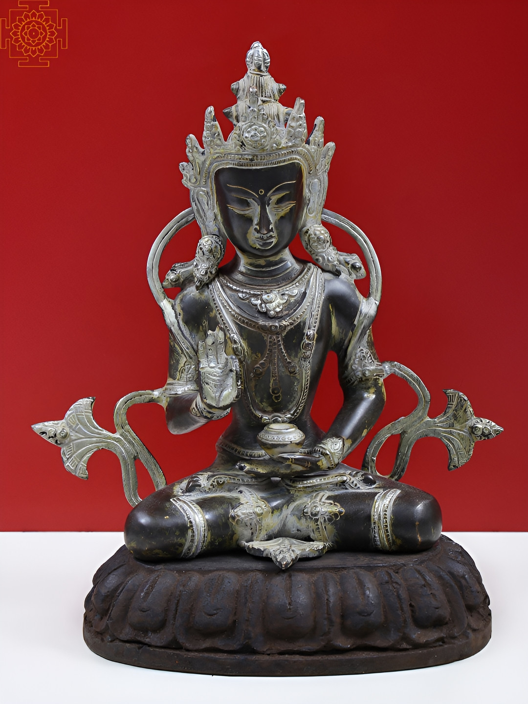 Exotic India Crown Buddha Preaching His Dharma with Pedestal Grey Brass Metallic Living Room Medium Showpiece - 12 Inches