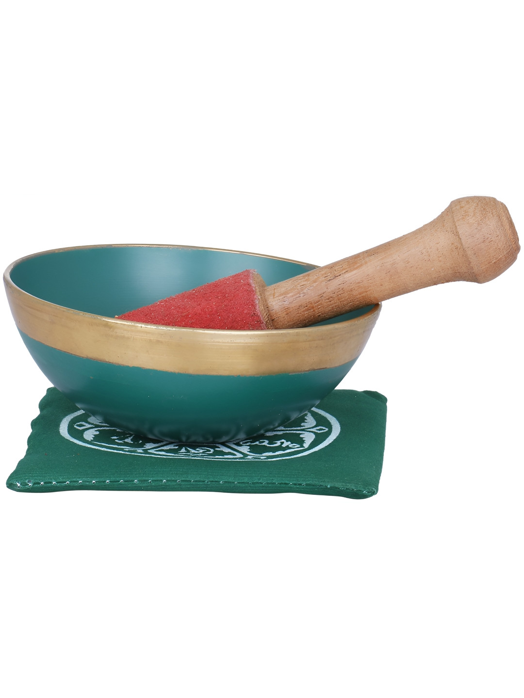 Exotic India Tibetan Buddhist Lotus Singing Bowl Green Brass Metallic Living Room Hand Made Set of 3 Small Showpieces - 1.5 Inches