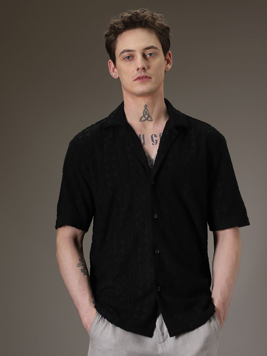 Banana Club Men Half Sleeves Cuban Collar Knitted Shirt