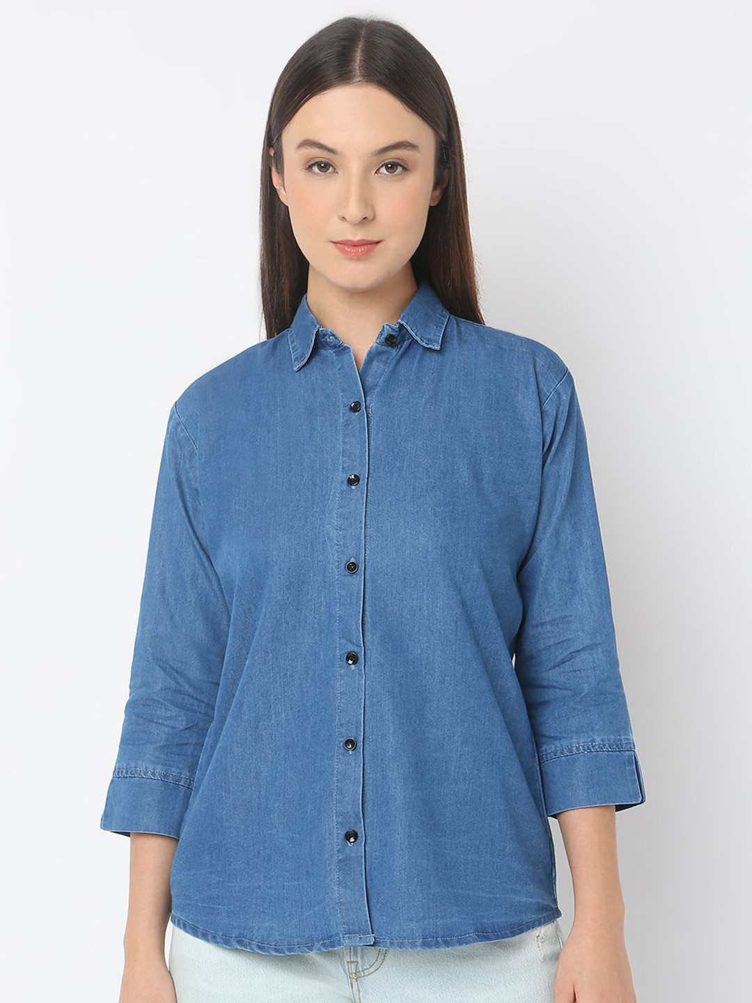 Smarty Pants Women Comfort Spread Collar Solid Denim Formal Shirt