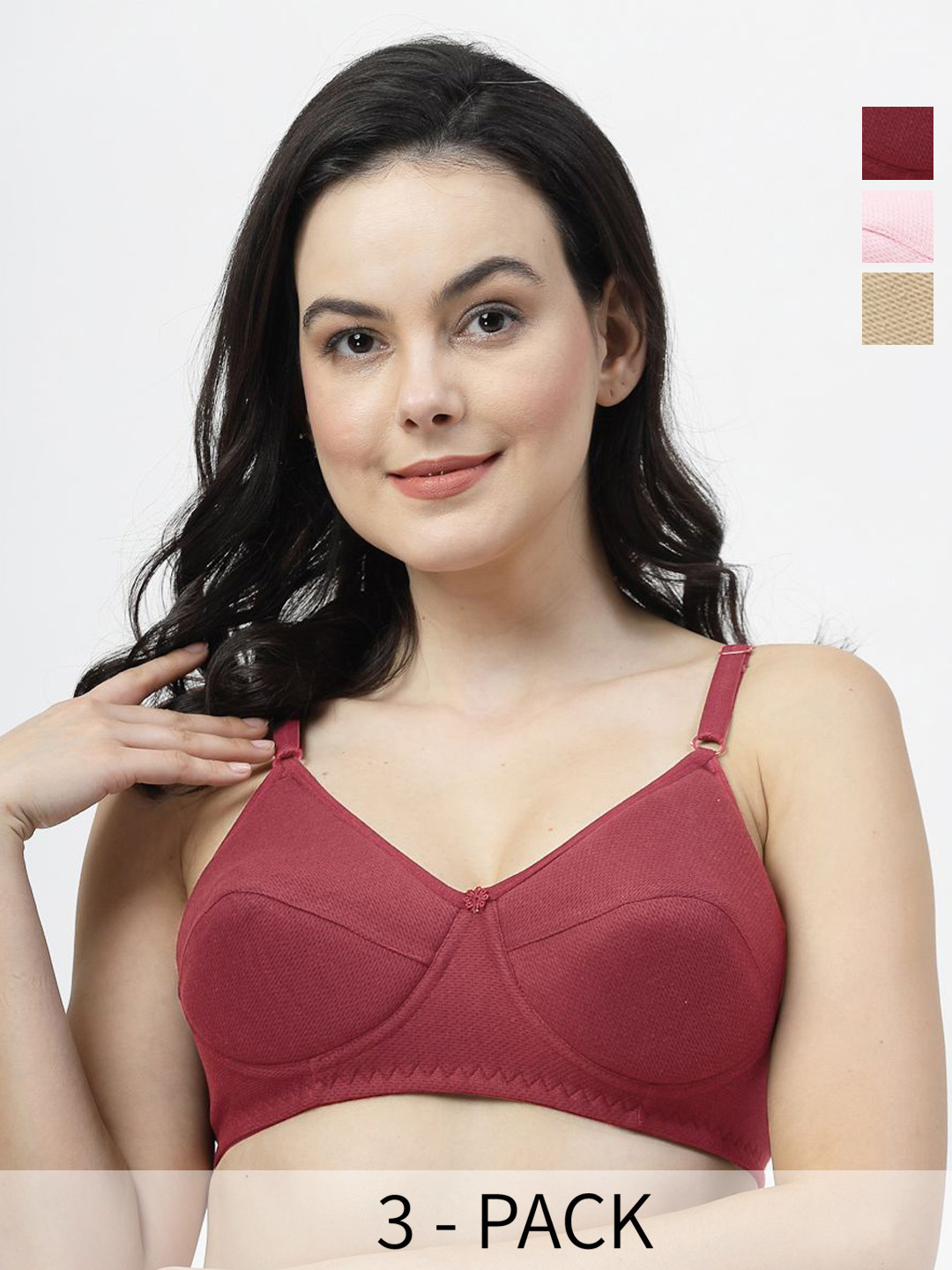 SHYAM SONS FLAIR Pack Of 3 Full Coverage Lightly Padded Bra ManviFoam-Pink-Maroon-Skin