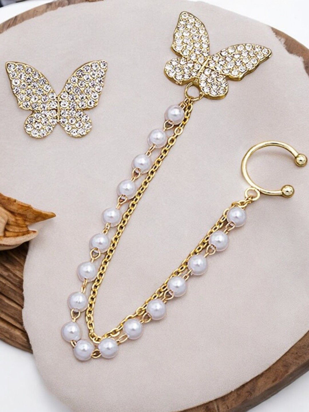 fabula Butterfly Crystal & Pearls Stud & Ear Cuff Earrings