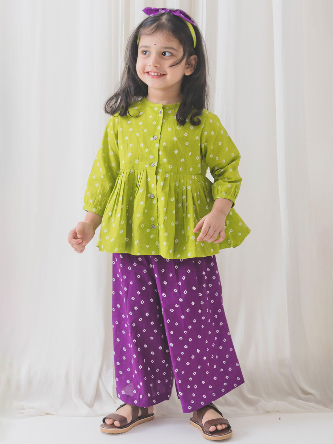 Tiber Taber Girls Bnadhani Printed Pure Cotton Peplum Top With Culottes