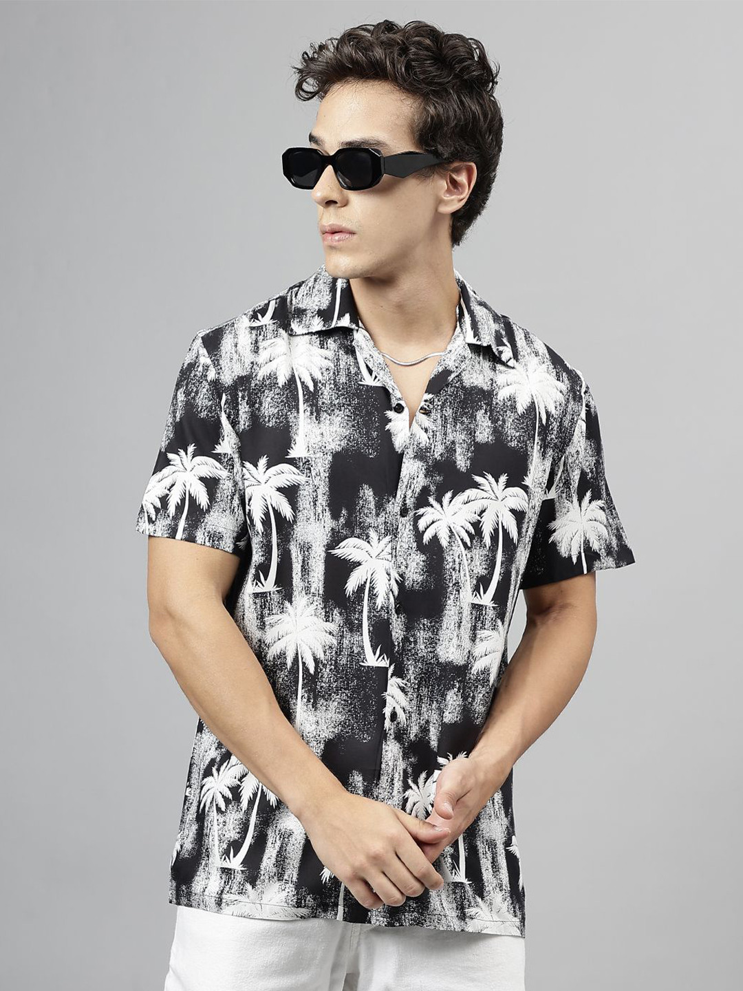 English Navy Men Relaxed Tropical Printed Casual Shirt
