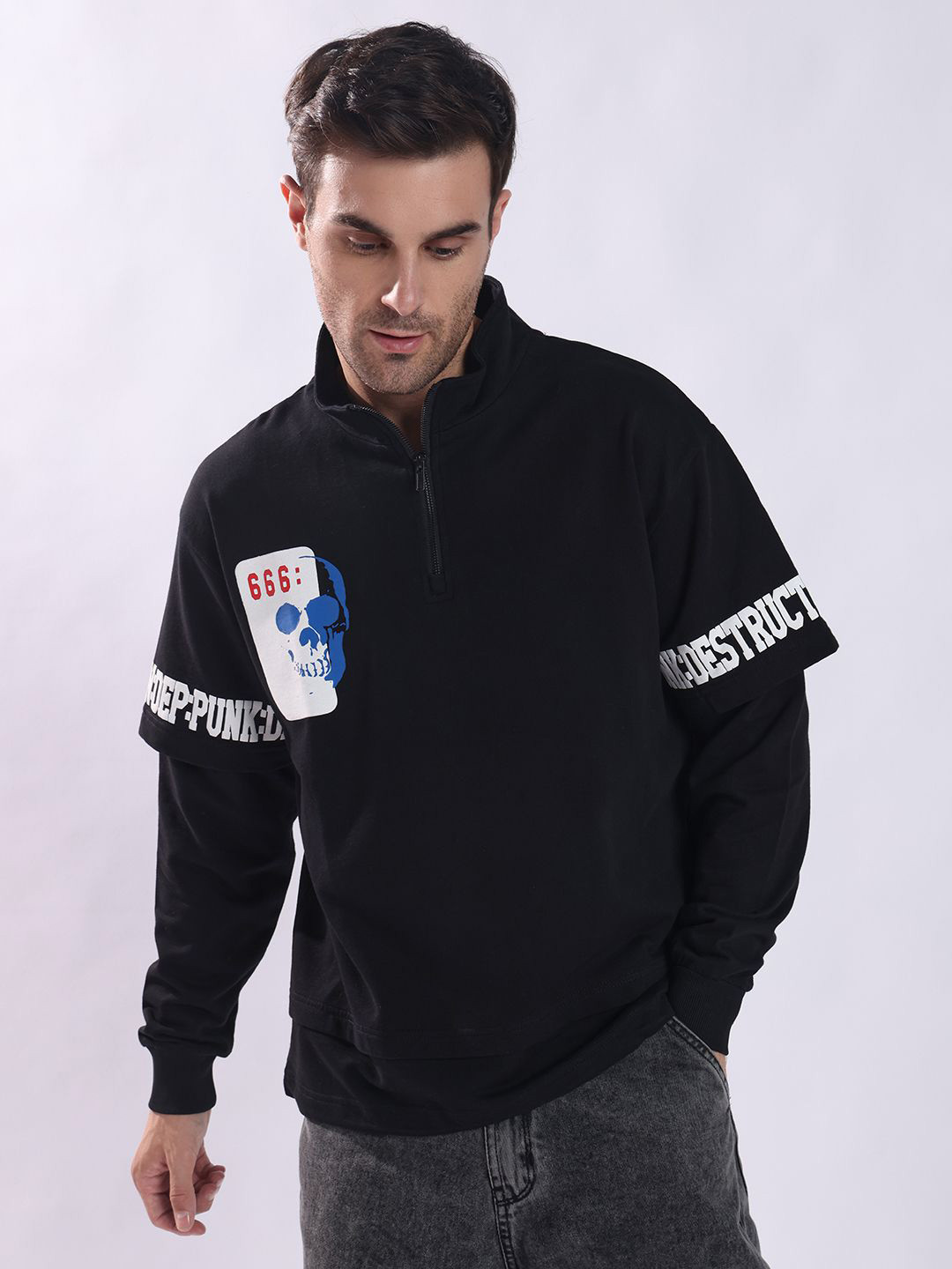 PUNK Men Printed Cotton Half Zipper Sweatshirt