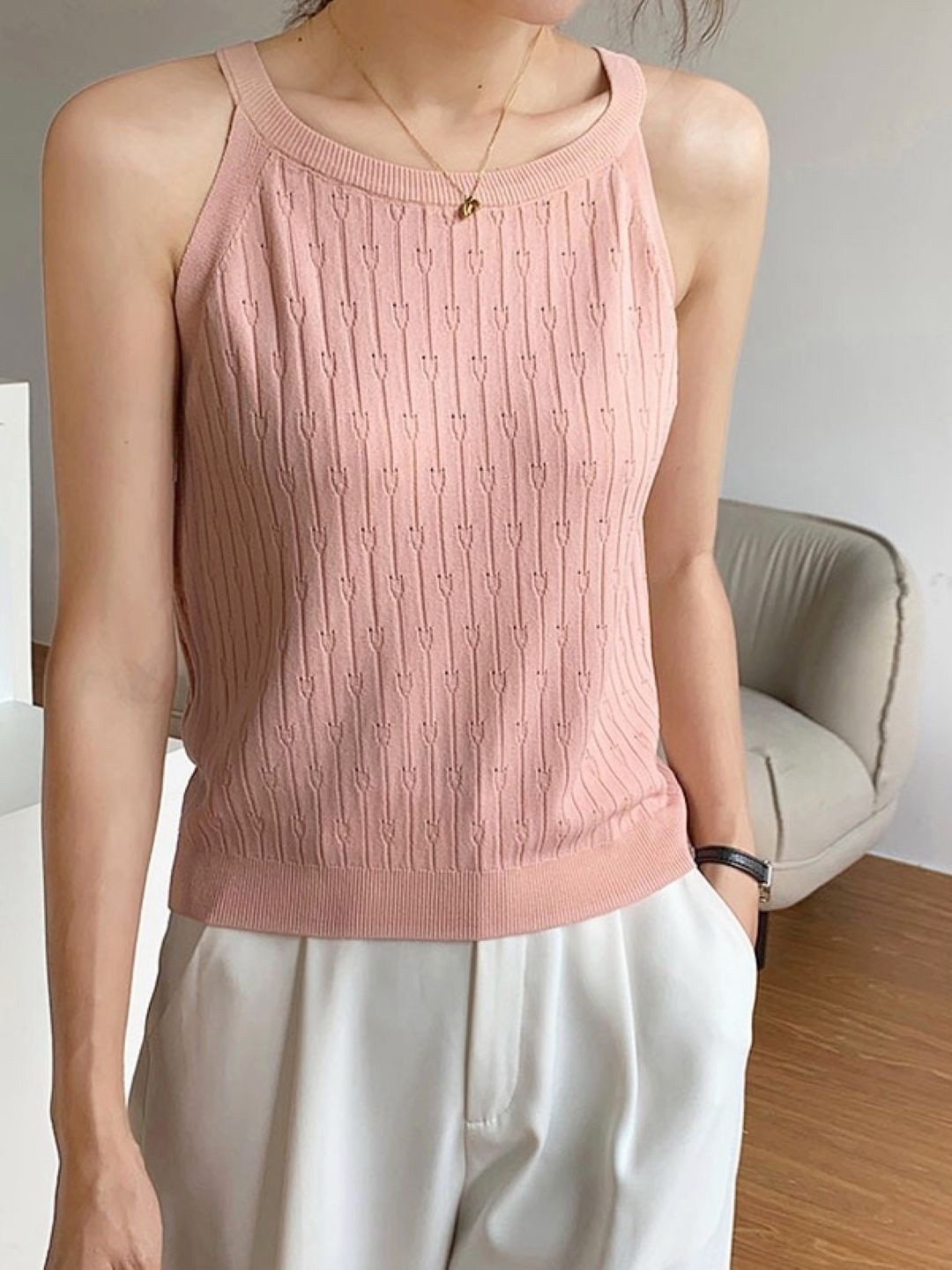 KPOP Women Pink Cotton Halter Neck Sleeveless Top