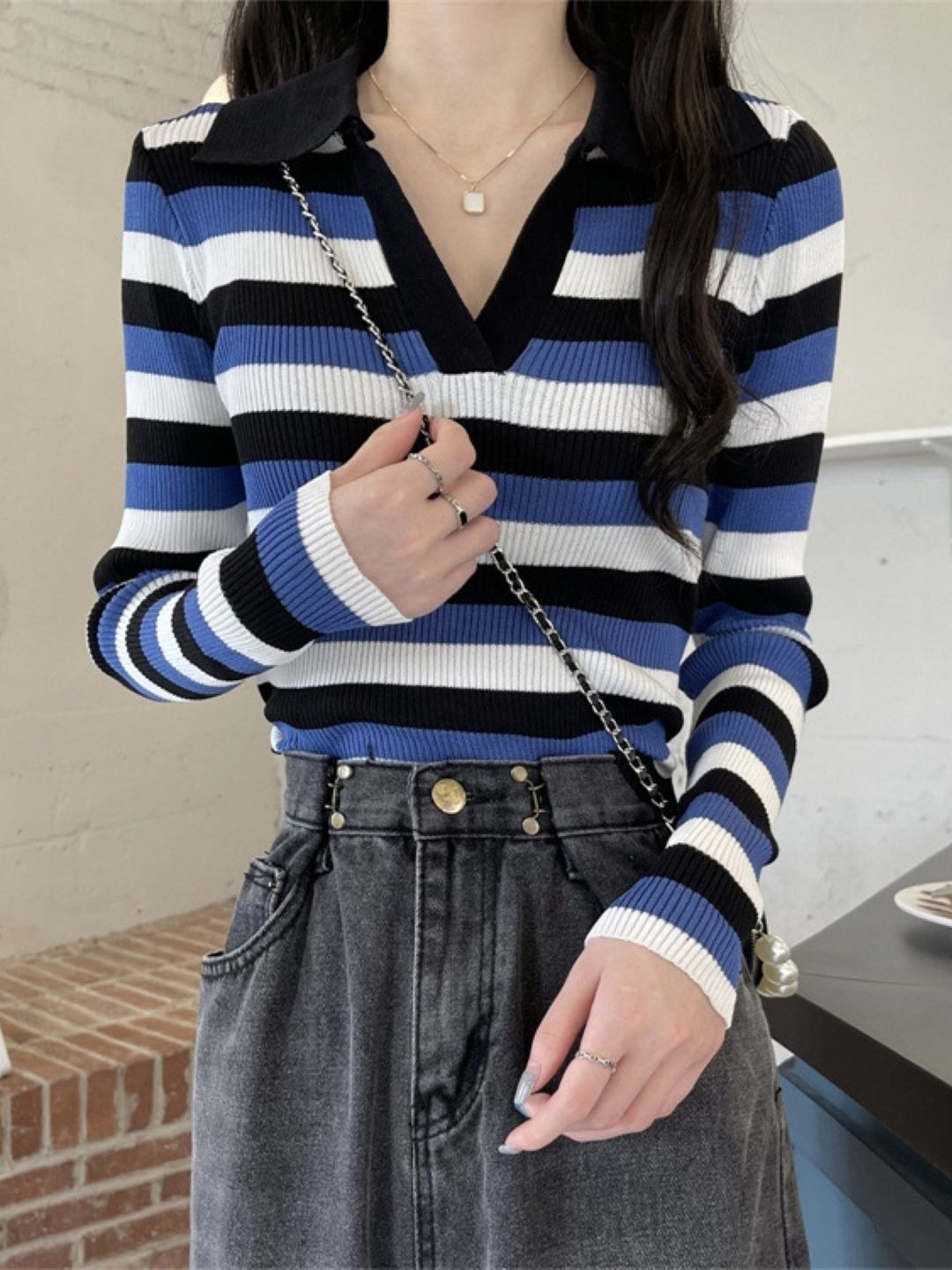 HERE&NOW Women Shirt Collar Long Sleeves Horizontal Stripes Top