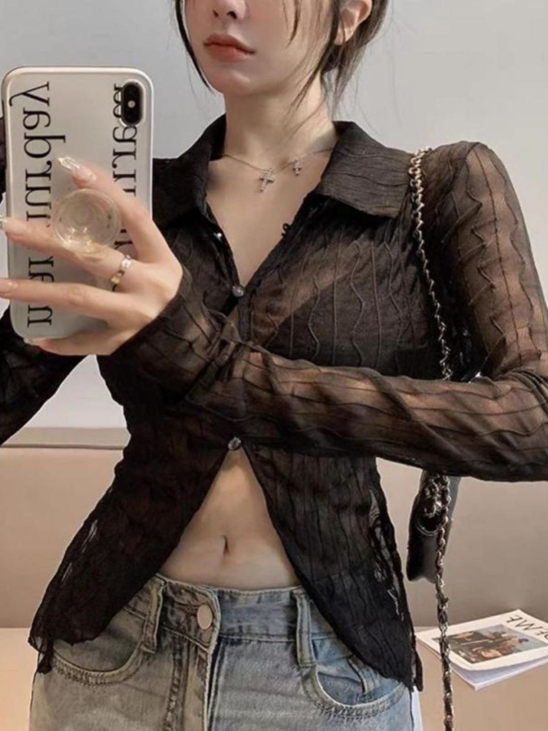 HERE&NOW Women Shirt Collar Long Bell Sleeve Top