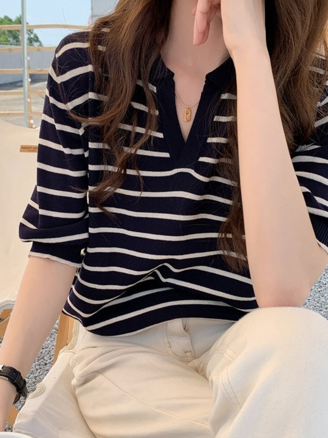HERE&NOW Striped Mandarin Collar Three-Quarter Sleeves Top