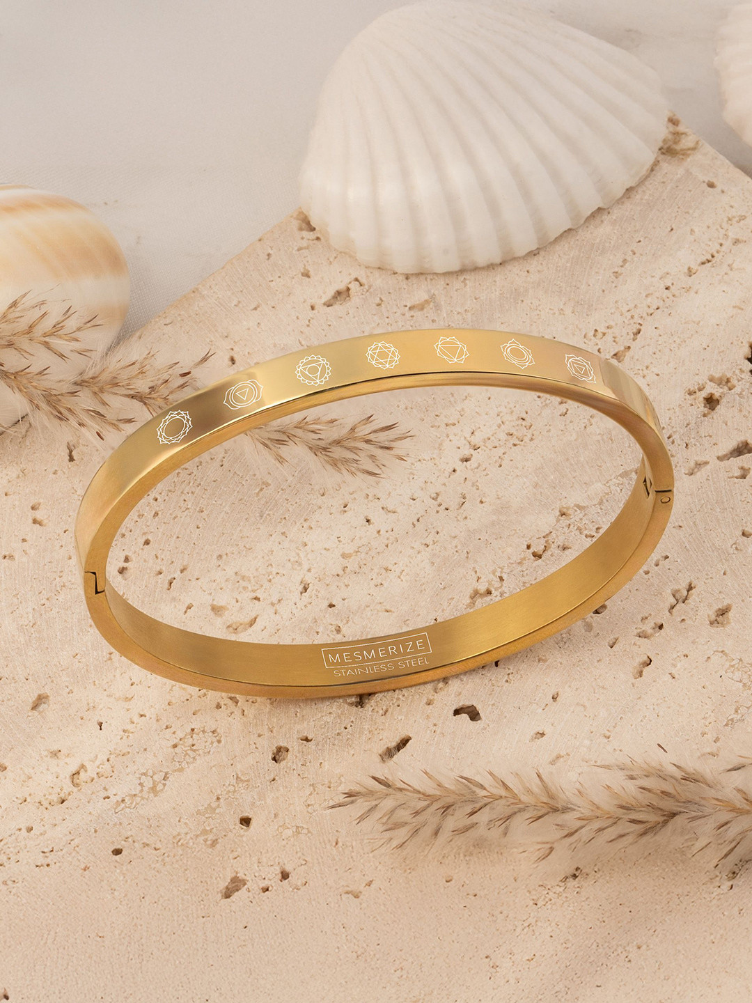 Mesmerize Stainless Steel Gold-Plated Balance 7 Chakra Gloss Kada Bracelet