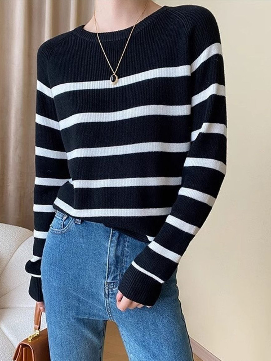 KPOP Women Striped Boat Neck Long Extended Sleeves Pure Cotton Top