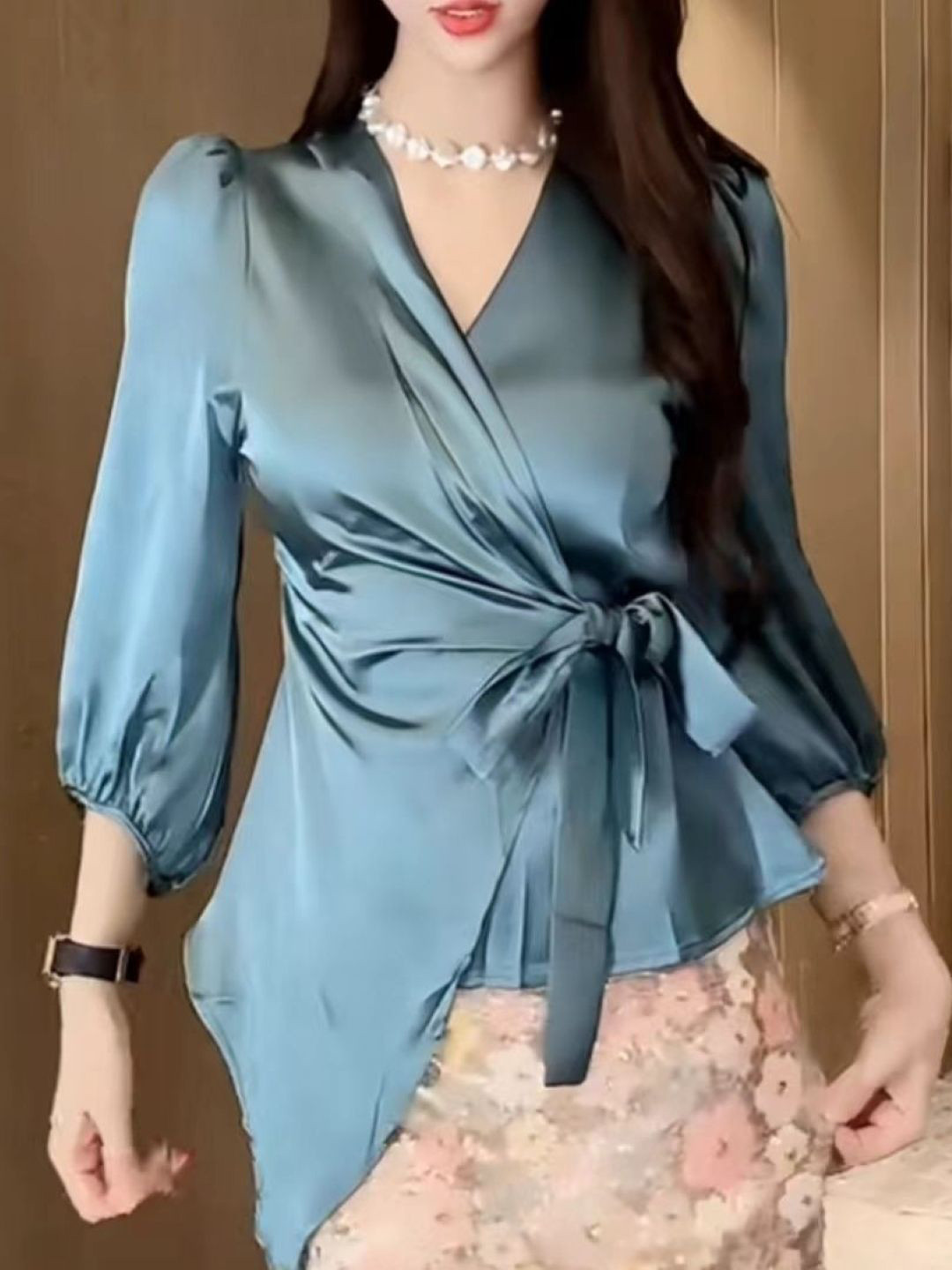 HERE&NOW Women V-Neck Long Puff Sleeve Wrap Top