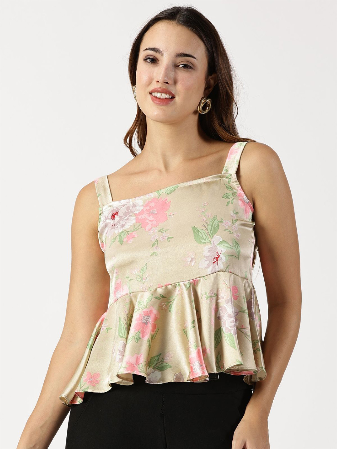 RAVINIK Women Floral Printed Satin Peplum Top