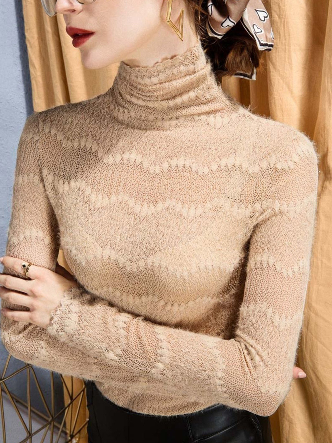 HERE&NOW Women Self Design High Neck Long Sleeves Top