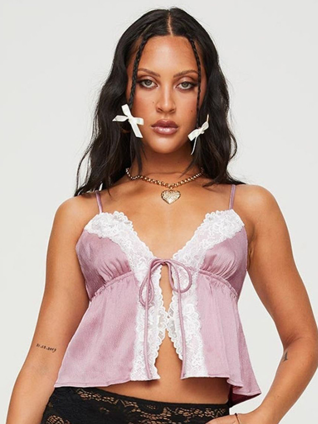 Pink Lace Trim V-Neck Crop Top with Tie-Ups
