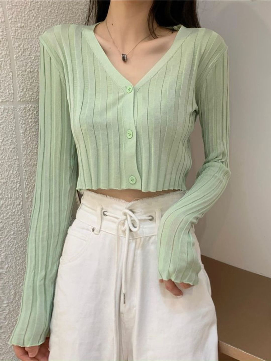 HERE&NOW Womens Silk V-Neck Long Sleeves Crop Top
