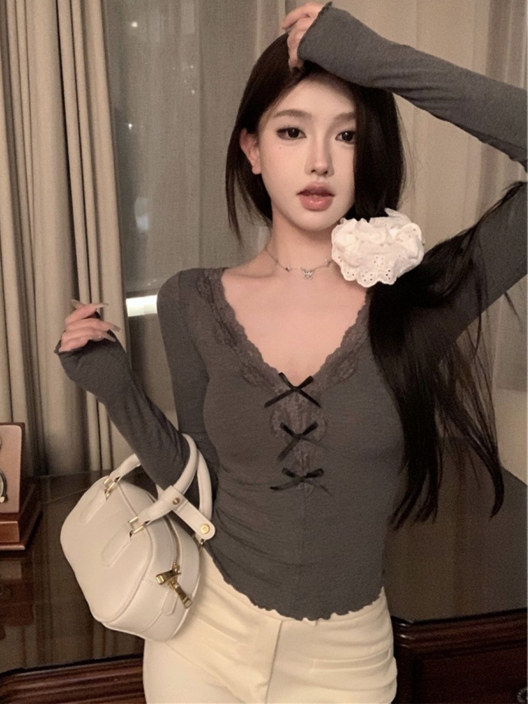 HERE&NOW Women V-Neck Extended Sleeves Lace & Bows Detailed Regular Top