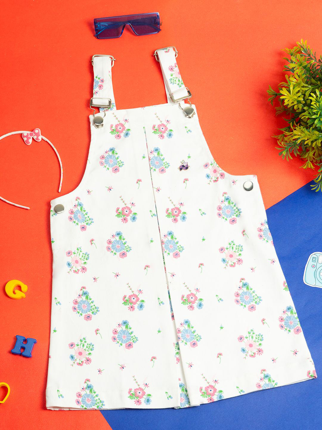 Purple United Kids Girls Floral Printed Cotton Dungaree