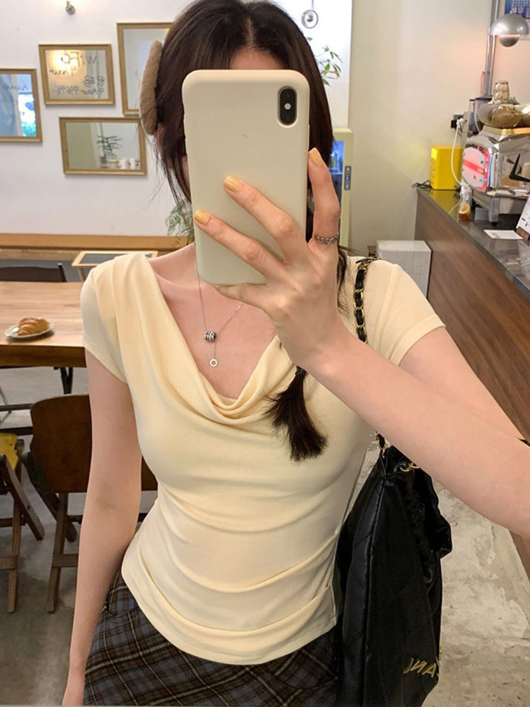 HERE&NOW Women Cowl Neck Short Sleeves Crop Top