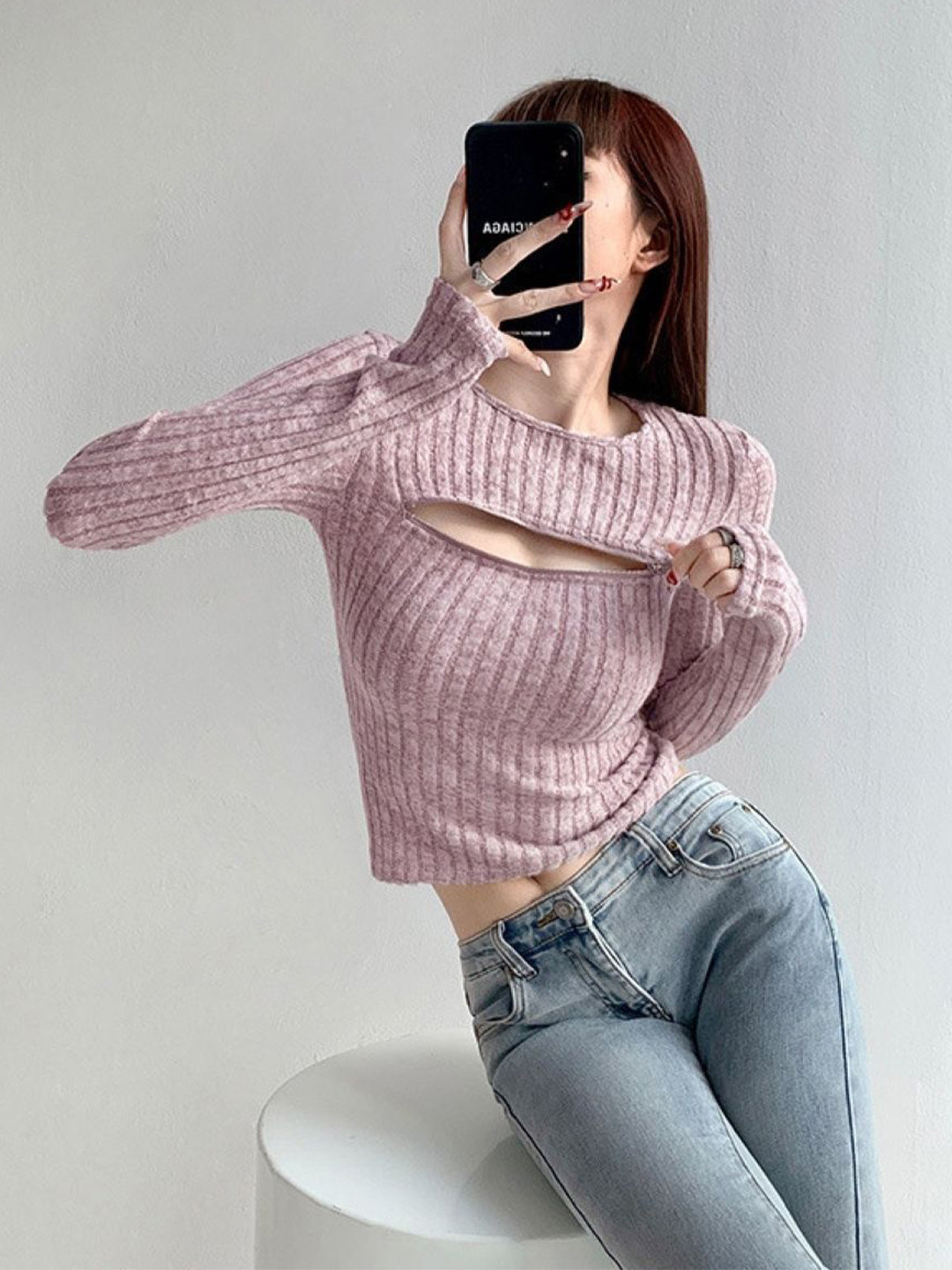 HERE&NOW Women Round Neck Cut Out Extended Sleeves Top