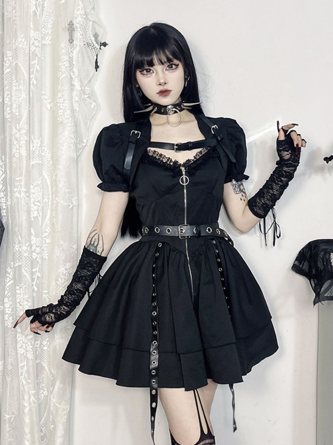 KPOP Women V-Neck Puff Sleeve Dress