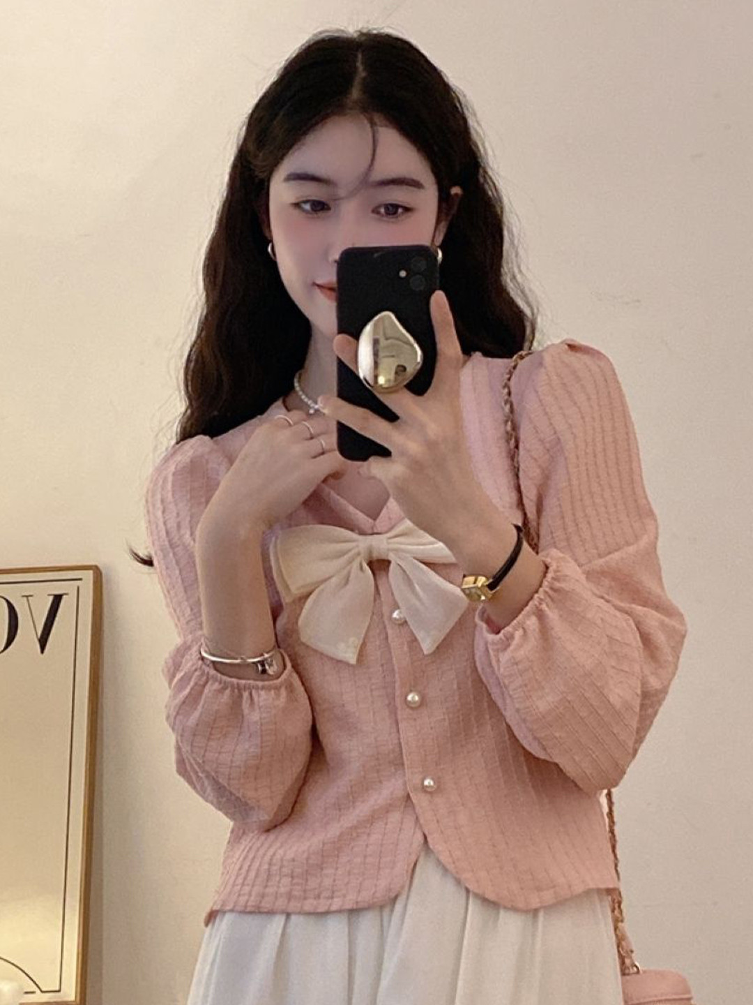 HERE&NOW Women V-Neck Long Sleeves Puff Sleeve Top