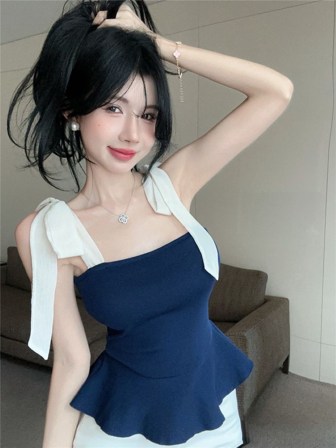 Navy Blue Solid Square Neck Peplum Top