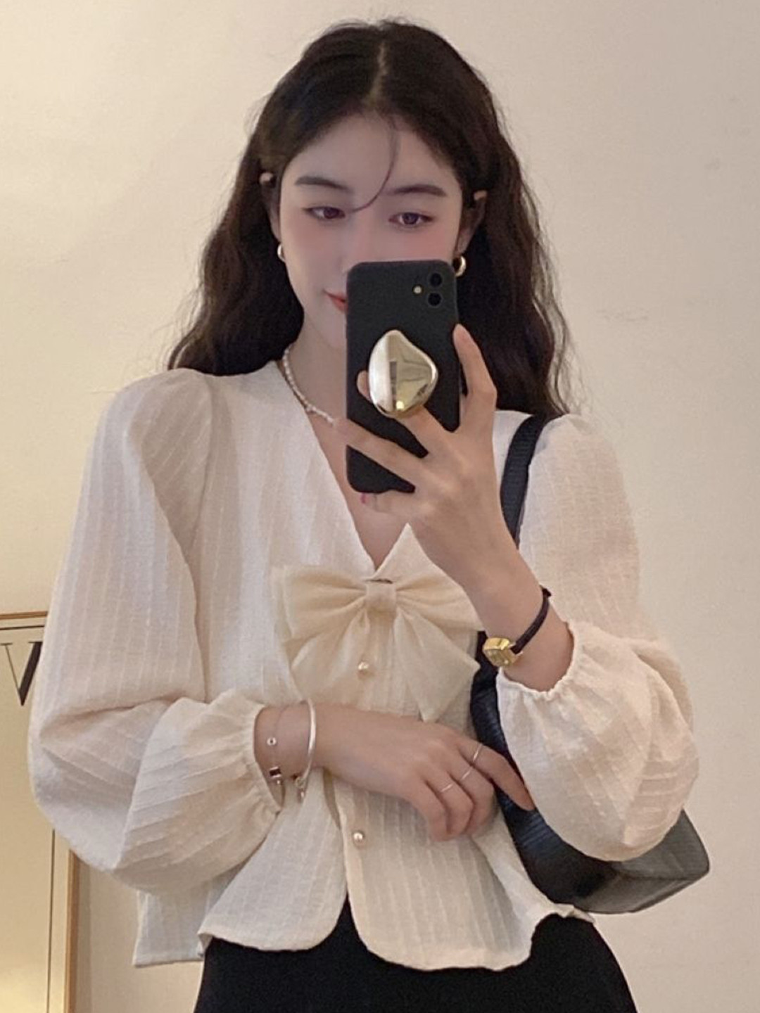 KPOP Women V-Neck Puff Sleeve Shirt Style Top With Bow