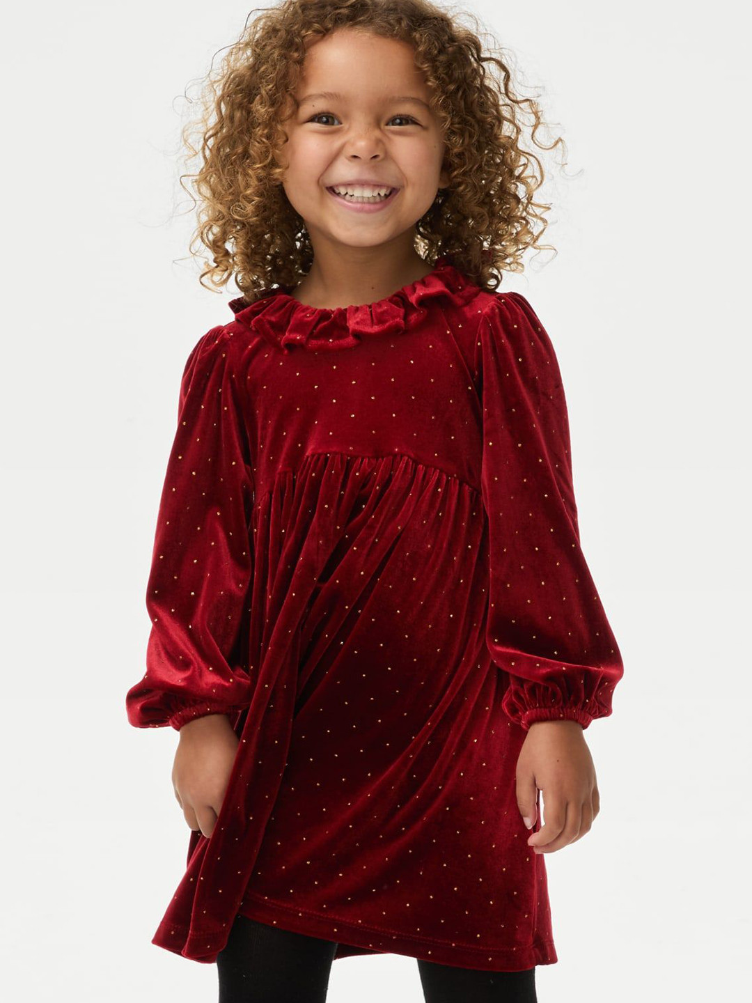 Marks & Spencer Girls Polka Dot Printed Mock Neck Puff Sleeve Fit & Flare Dress