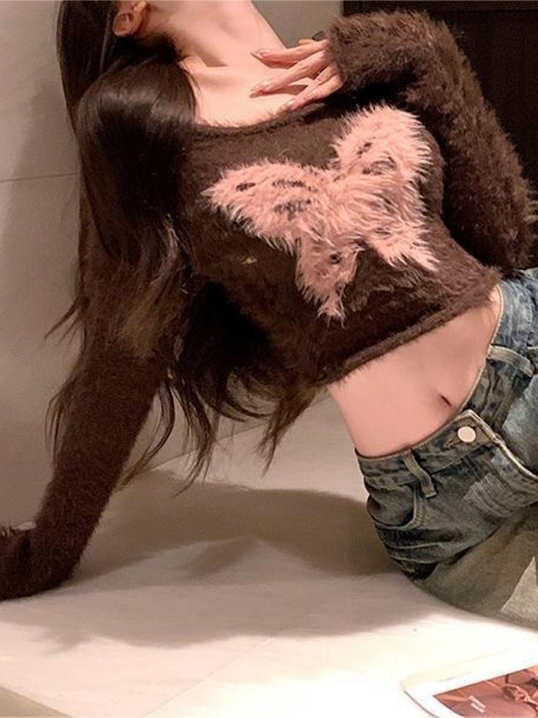 HERE&NOW Women Graphic Printed Faux Fur Trim Crop Top