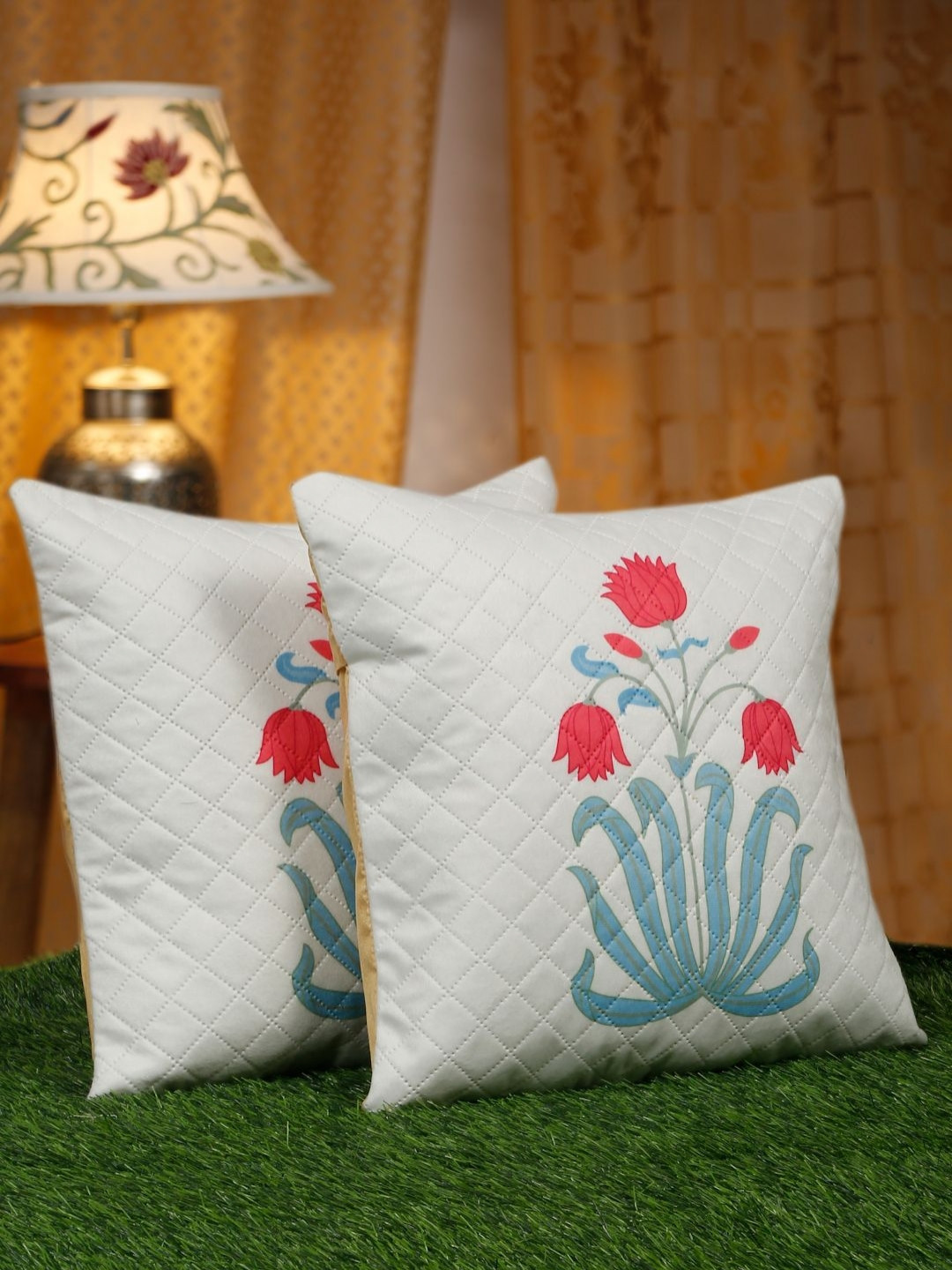 SOKNACK Soft Quilted Red Floral Velvet Quilted 2 Pcs Square Cushion Covers - 16 x 16 In