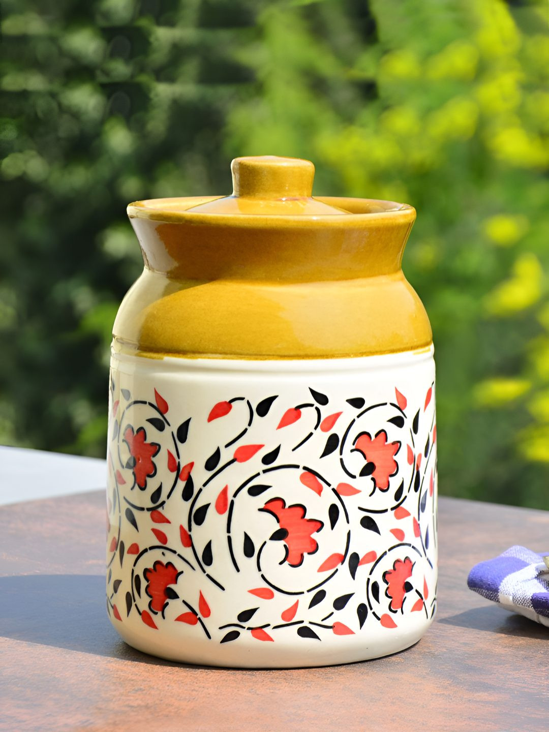 Stylemyway Mustard Floral Ceramic Dishwasher Safe Flip Top Jar-1.2L