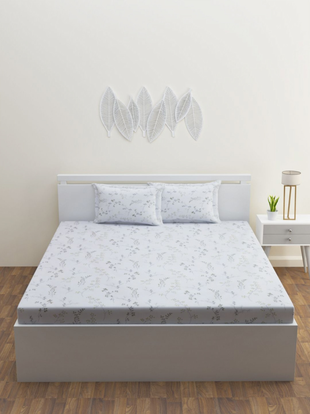 HAPPY HUES Tussah Collection White Floral Cotton 180 TC King Fine Bedsheet with 2 Pillow Covers-108 x 108 inches