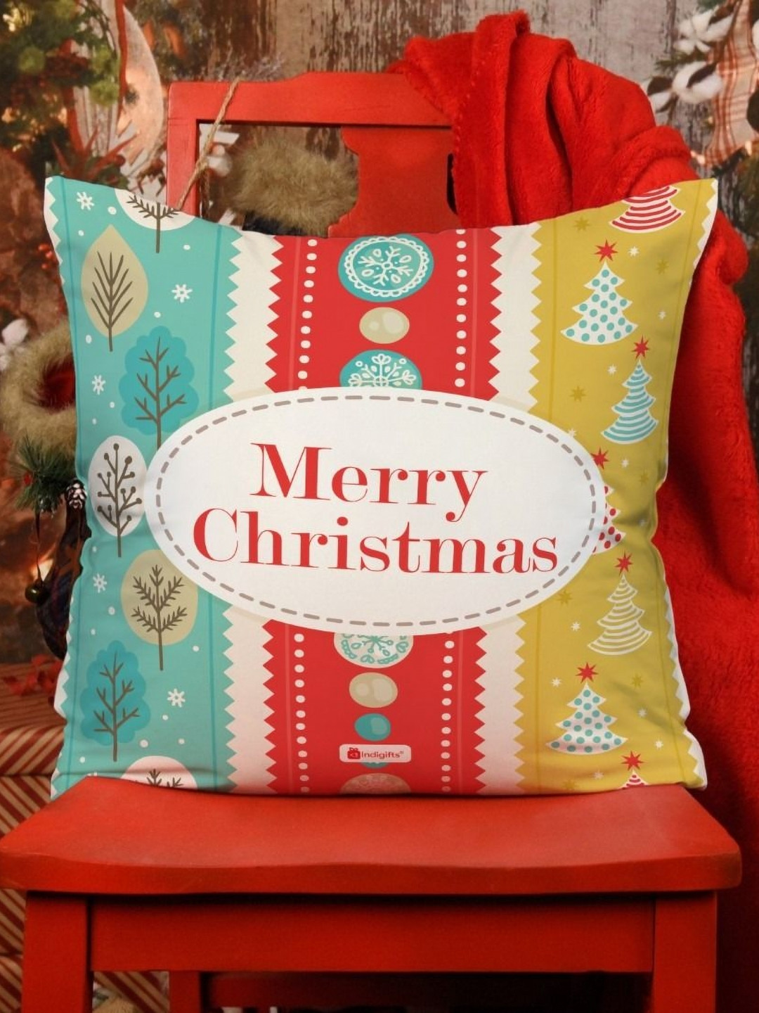 Indigifts Yellow and Blue Christmas Printed Pre-Filled Cushion