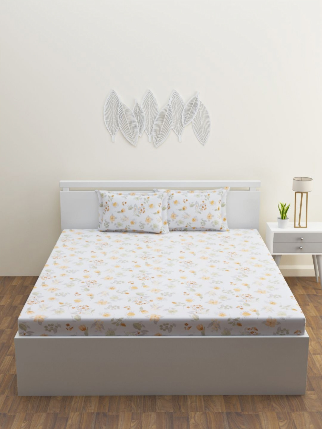 HAPPY HUES White Floral Cotton Skin-Friendly 180 TC King Fine Bedsheet with 2 Pillow Covers-108 x 108 inches