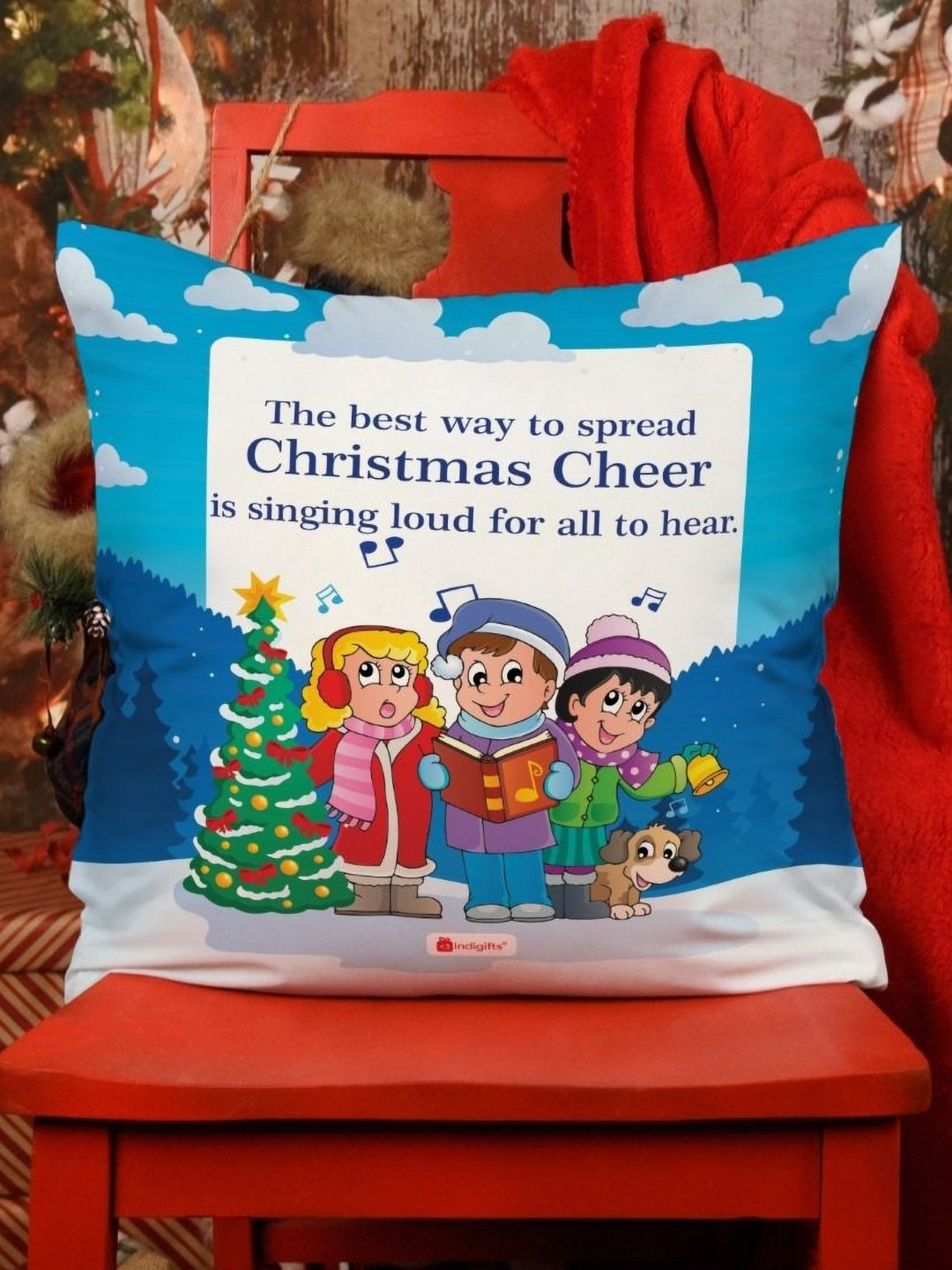 Indigifts Blue and White Christmas Printed  Pre-Filled Cushion