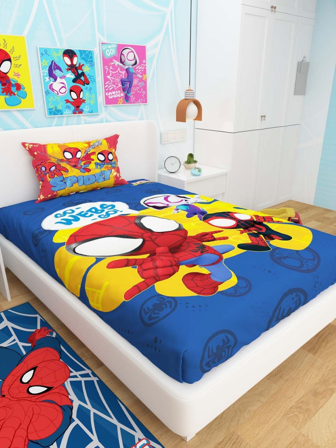 Athom Living Marvel Spidey Blue Conversational Cotton 120 TC Single Superfine Bedsheet with a Pillow Cover-87 x 93 inches