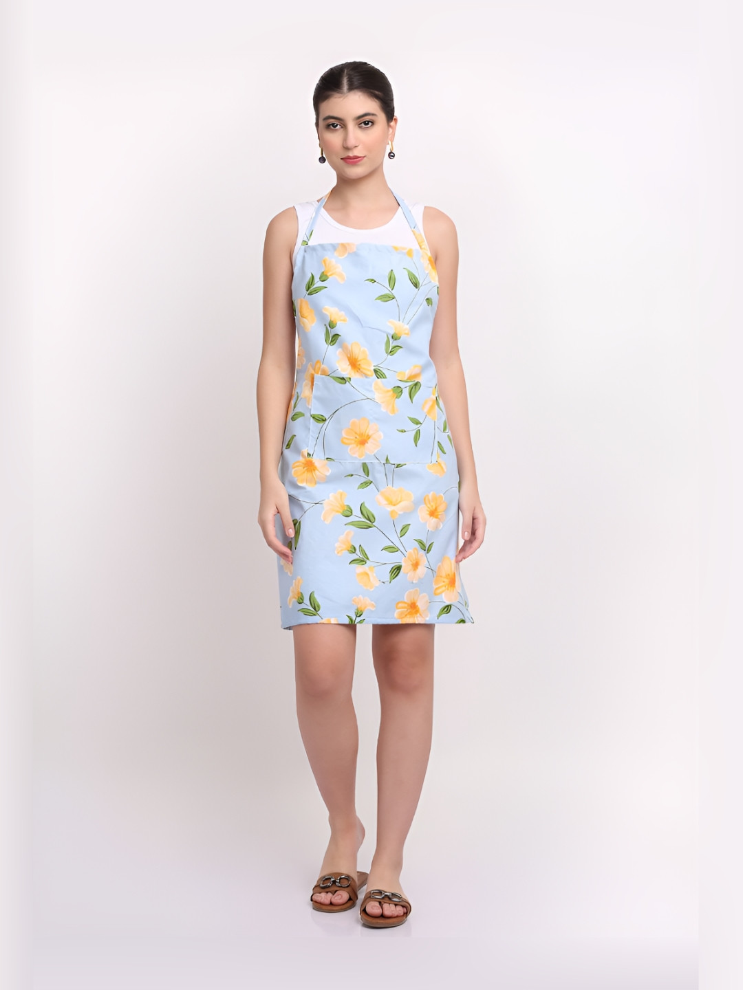 Arrabi Blue & Yellow Floral Printed Cotton Aprons With 2 Patch Pockets