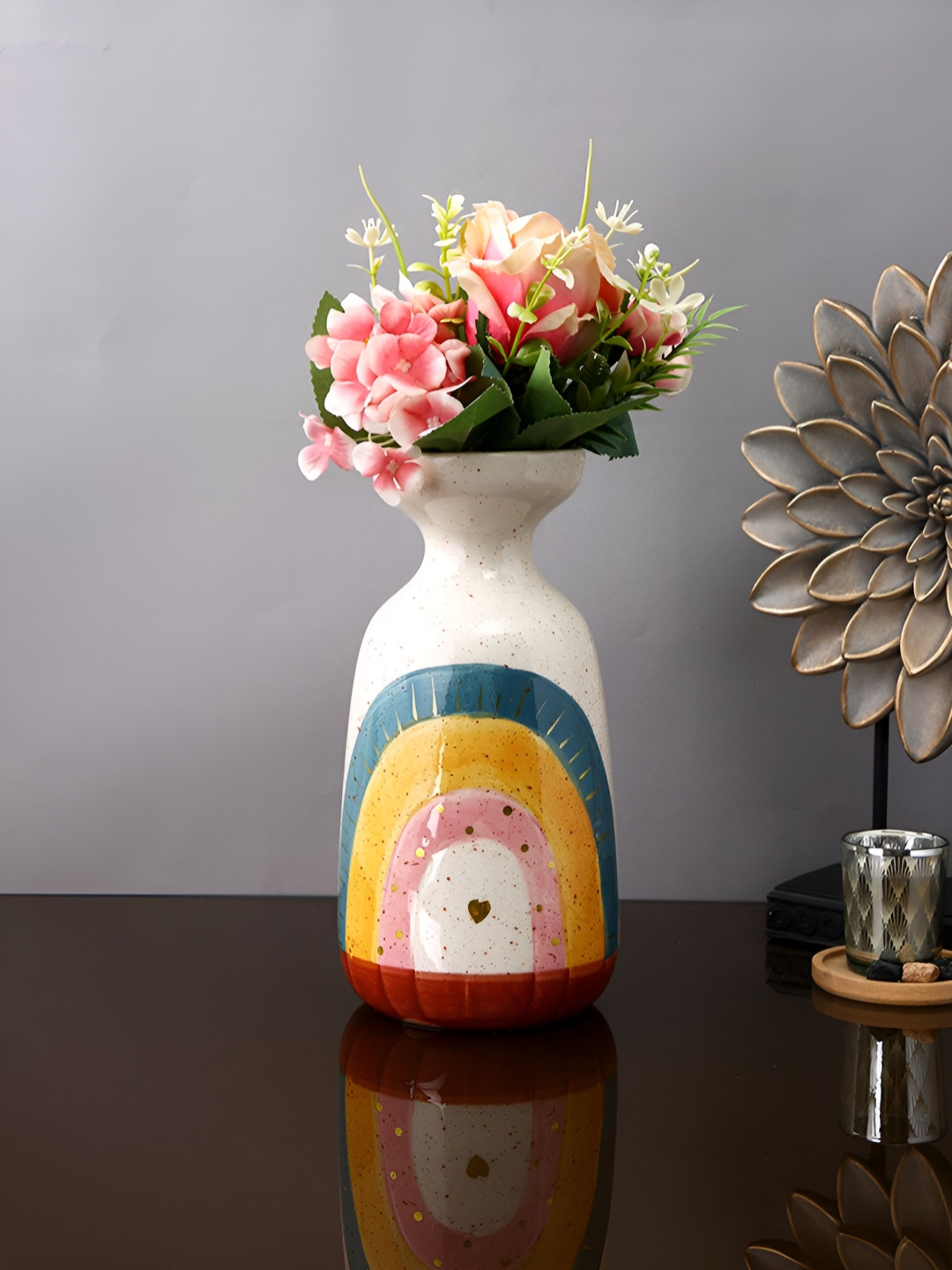 TAYHAA Cream-Colored & Blue Printed Ceramic Flower Vase