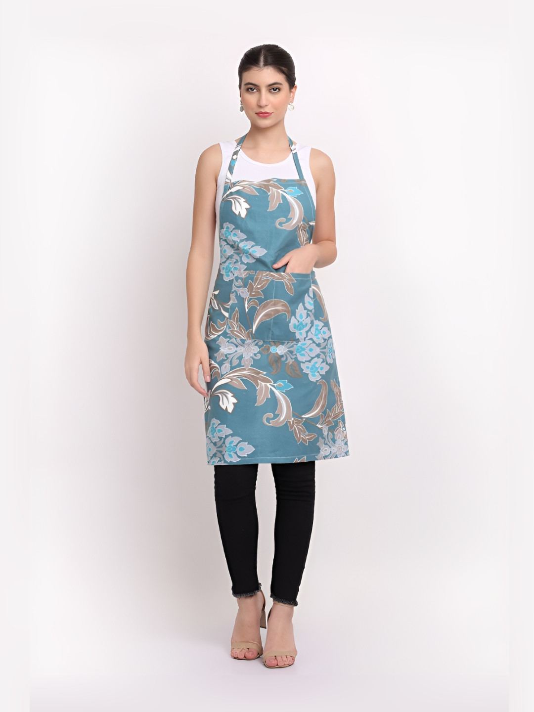 Arrabi Blue & Grey Leaf Printed Cotton Aprons With Pockets