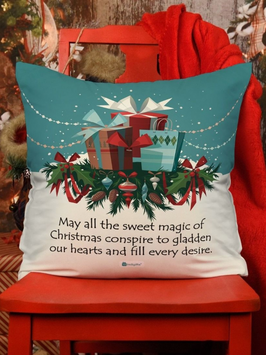 Indigifts Blue and White Christmas Printed Pre-Filled Cushion