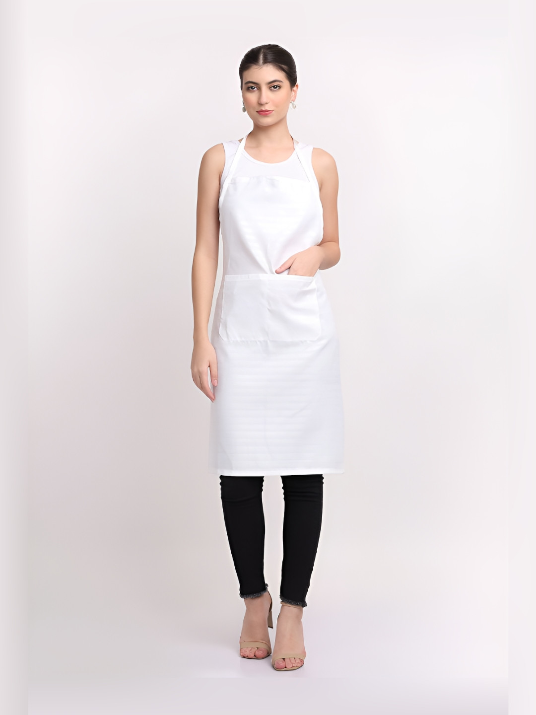 Arrabi White Striped Aprons Cotton With 2 Patch Pockets