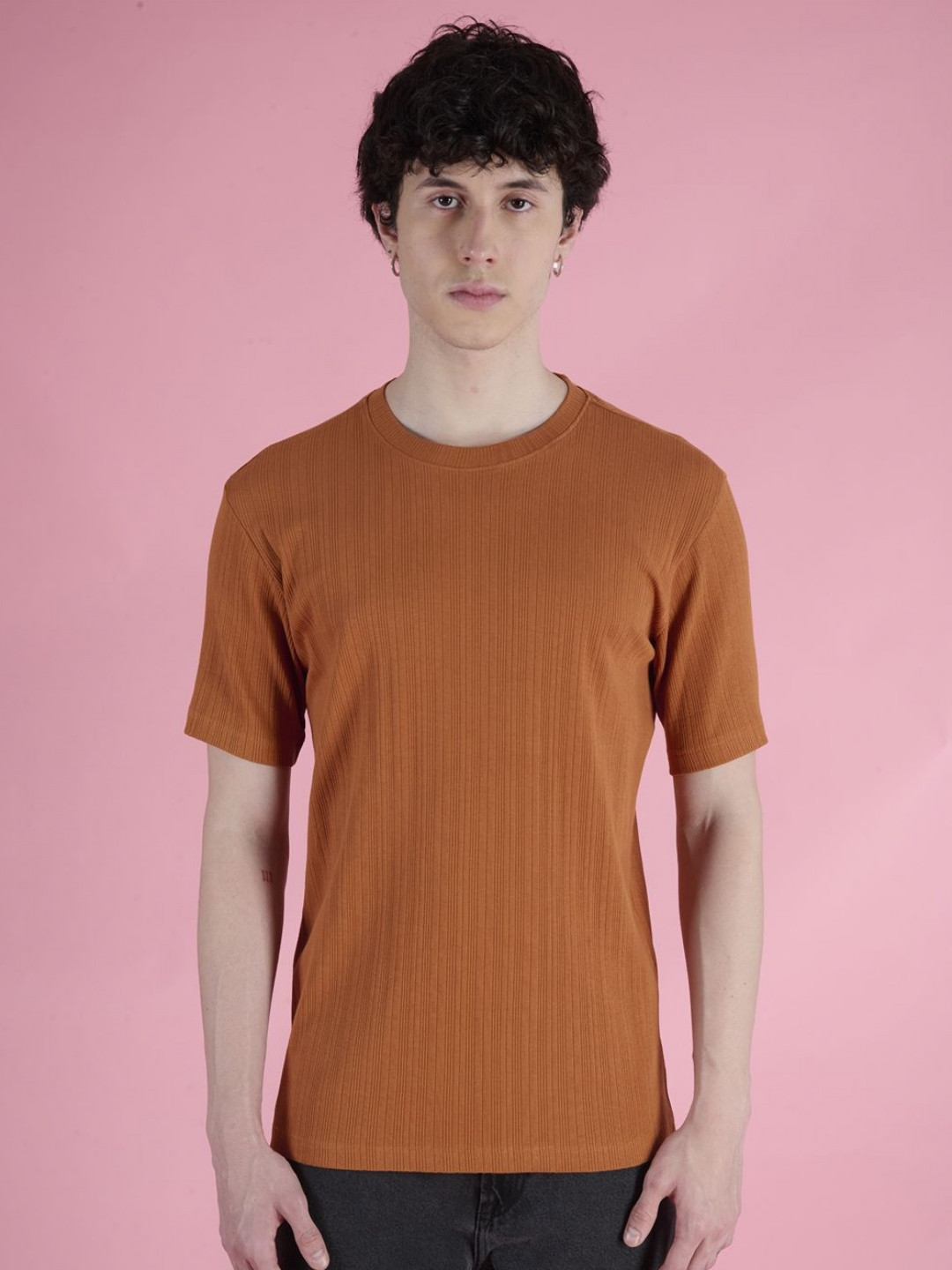 IVOC Men's Classic Brown Self Design T-Shirt