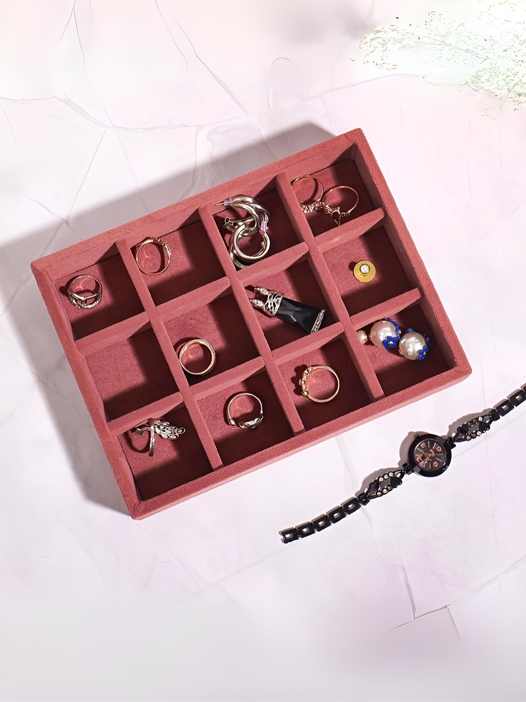 La Trove 12 Grid Darkpink Small Jewellery Velvet Organizer Tray